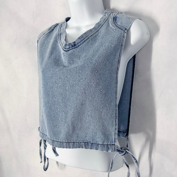 Aynaz Tops - Aynaz Denim Rhinestone Open Side Tir Blue Cotton Crop Top Womens Size 36